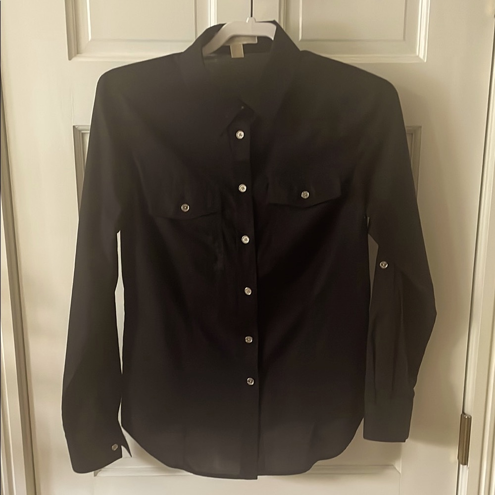 Michael Kors Medium Long Sleeve Black Shirt, Lightweight with silver buttons.